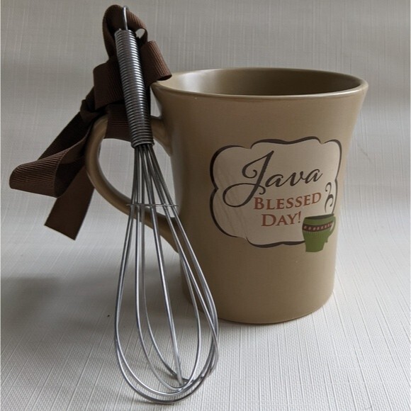 Java Blessed Day Ceramic Coffee / Tea / Cake Cup Mug & Whisk Beige - Picture 4 of 5